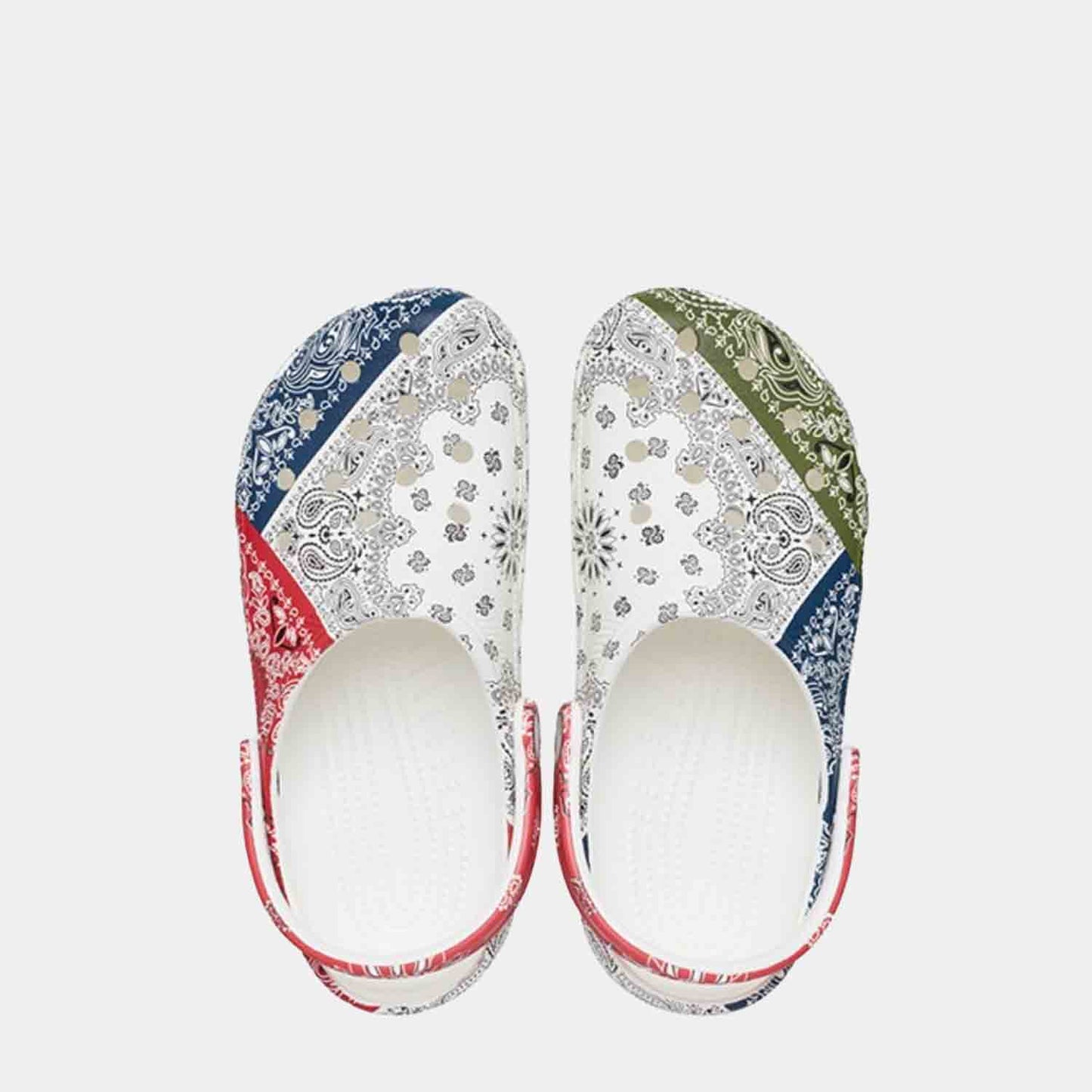 Top view of the Crocs Classic Clogs Bandana 'White Red Blue Green'.