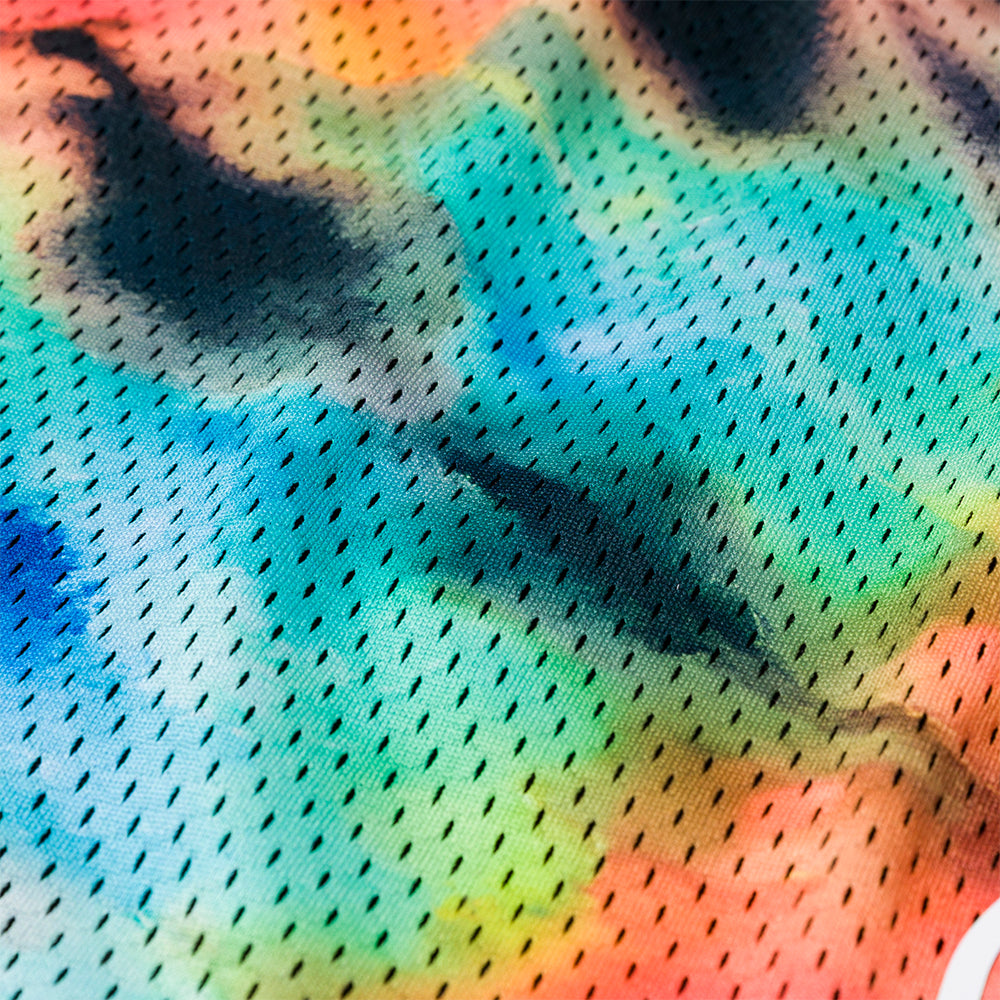 Up close view of the Overtime Classic Tie Dye Mesh Shorts.