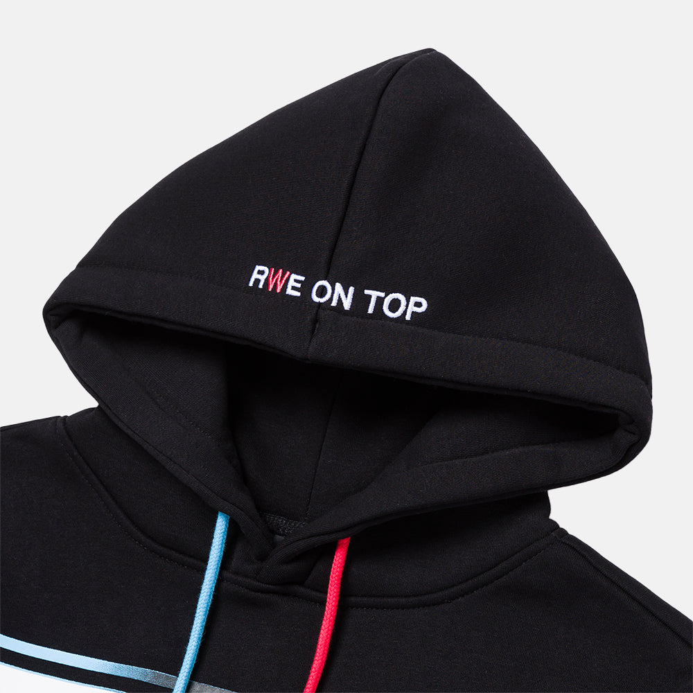 Up close, view of hood on the Overtime RWE On Top Hoodie.