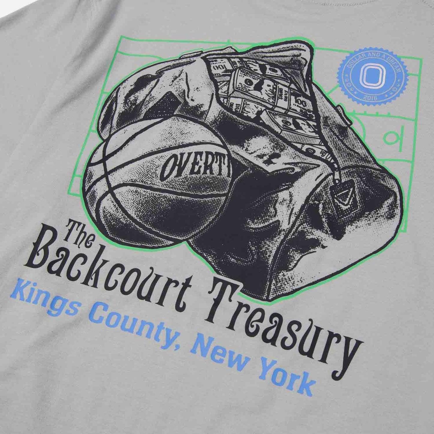 Up close view of graphic on back of Dollar And A Dream Treasury Tee.
