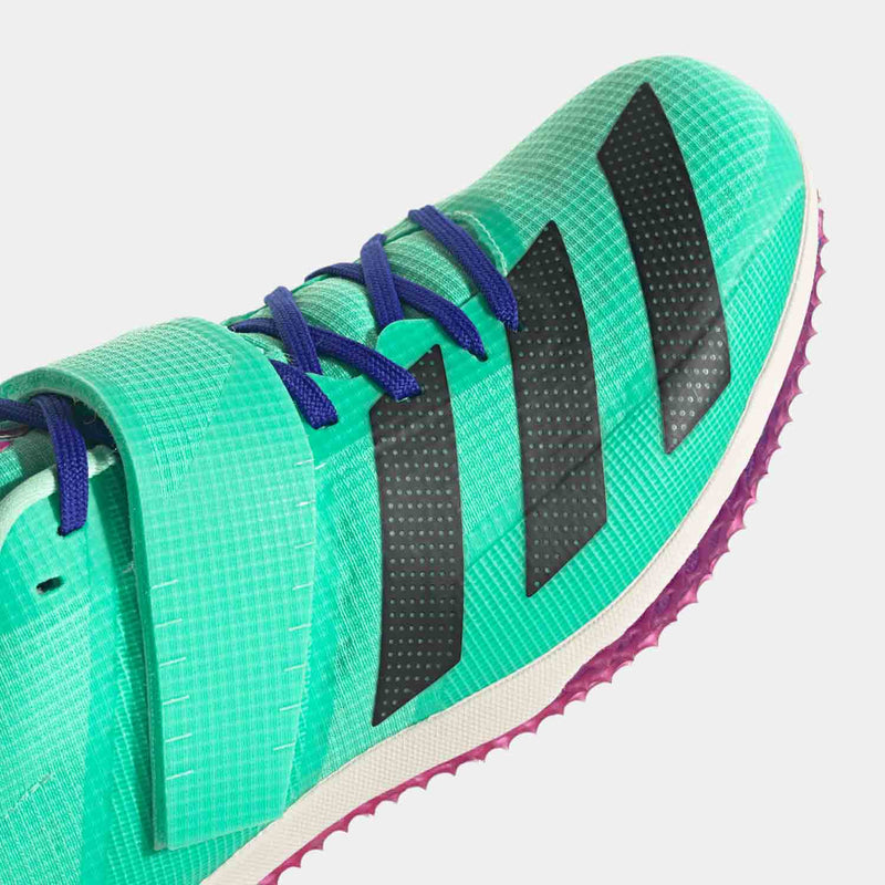 Up close, front view of the Adidas Adizero High Jump Shoes.