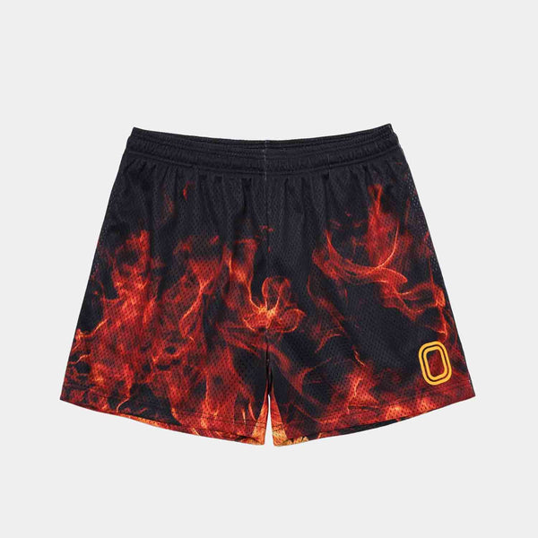 Front view of Overtime Orange Flame Shorts.
