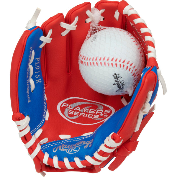 Front palm with ball view of Rawlings Player Series T-Ball Glove W/Ball.