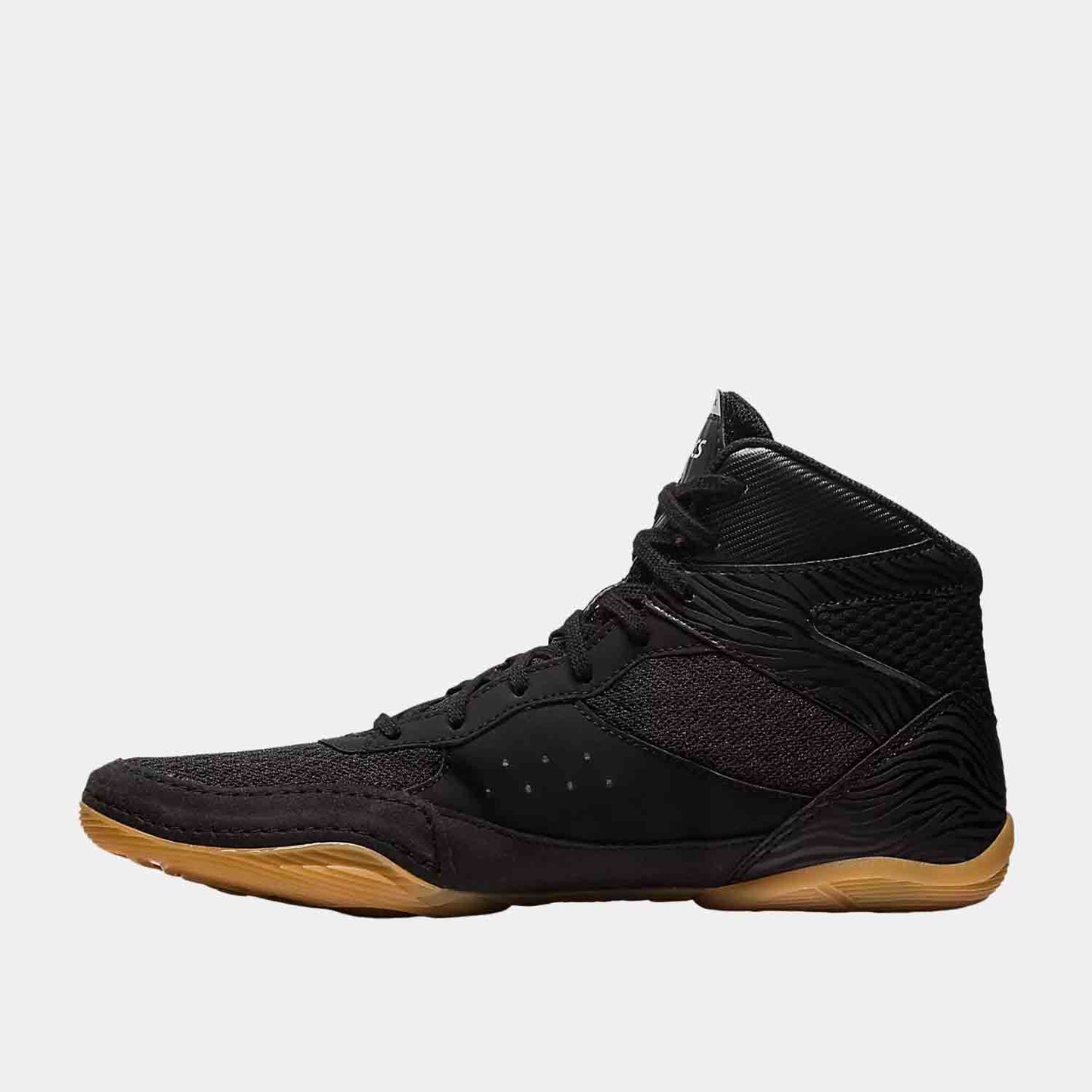 Side medial view of the Asics Men's Matflex 7 'Black White Gum' Wrestling Shoes.