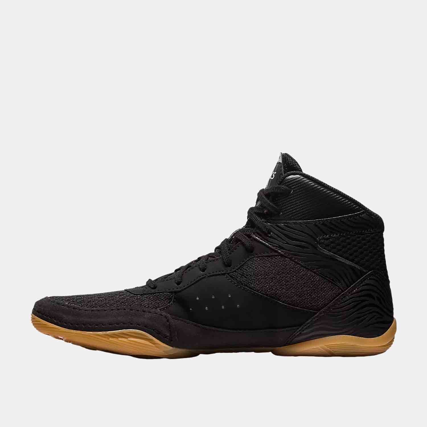 Side medial view of the Asics Men's Matflex 7 'Black White Gum' Wrestling Shoes.