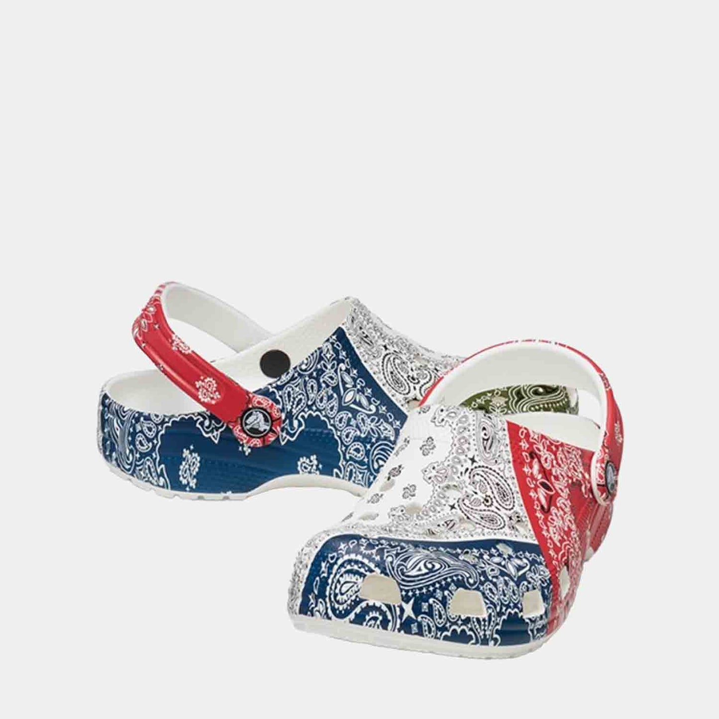 Front and side view of the Crocs Classic Clogs Bandana 'White Red Blue Green'.