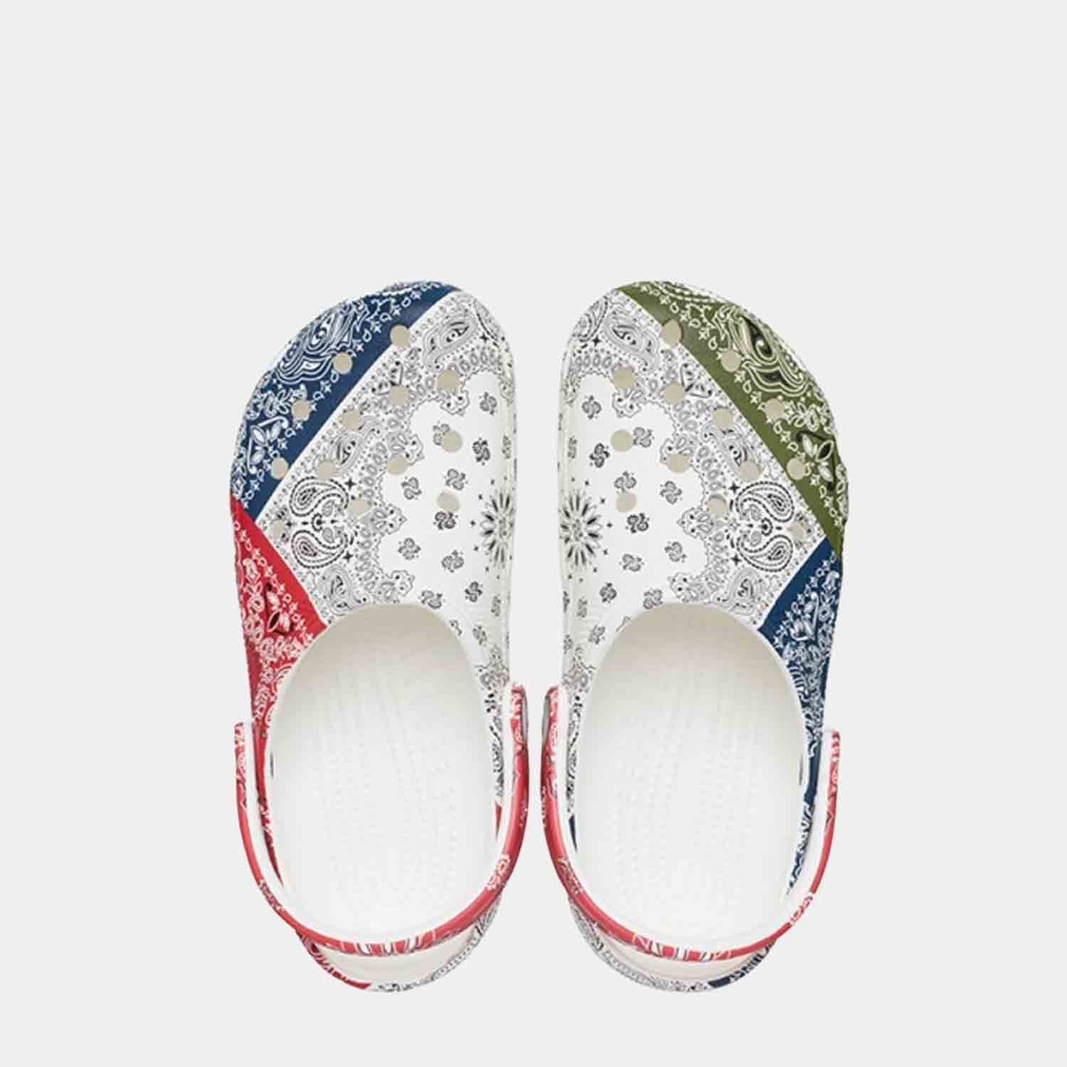 Top view of the Crocs Classic Clogs Bandana 'White Red Blue Green'.