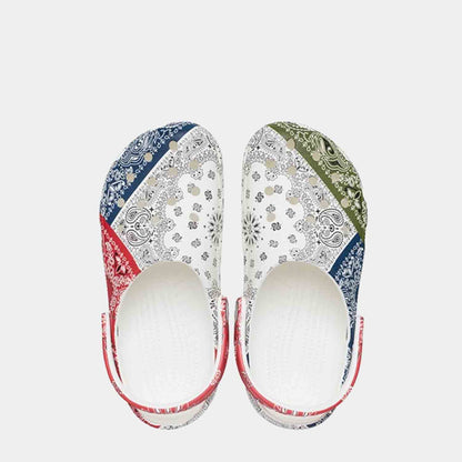 Top view of the Crocs Classic Clogs Bandana 'White Red Blue Green'.