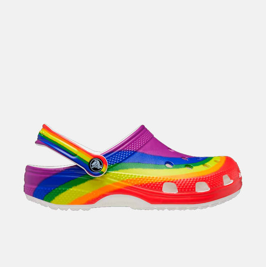Side view of the Crocs Classic Rainbow Dye Clogs.