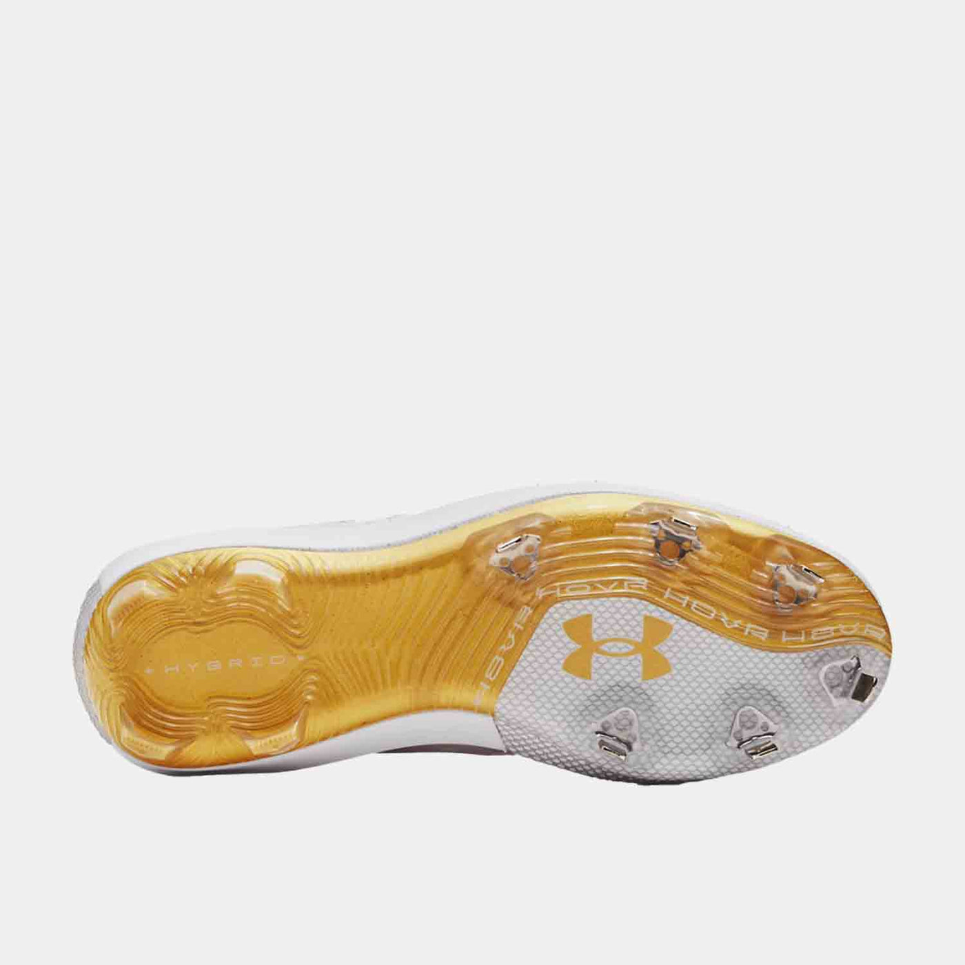white and gold metal baseball cleats