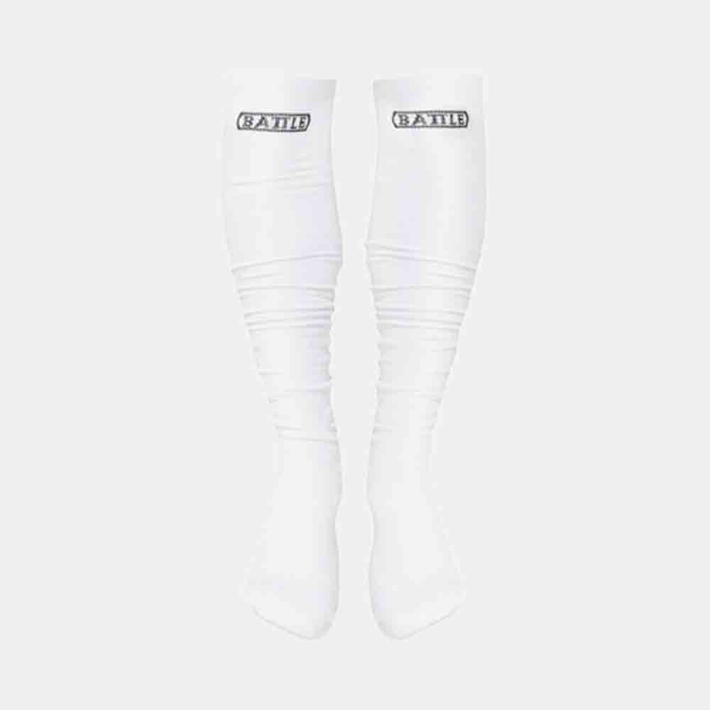 Front view of the Battle Adult White Long Football Socks.