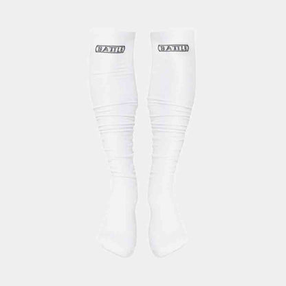 Front view of the Battle Adult White Long Football Socks.