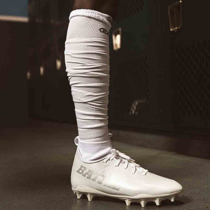 Side view of the Battle Adult White Long Football Socks.