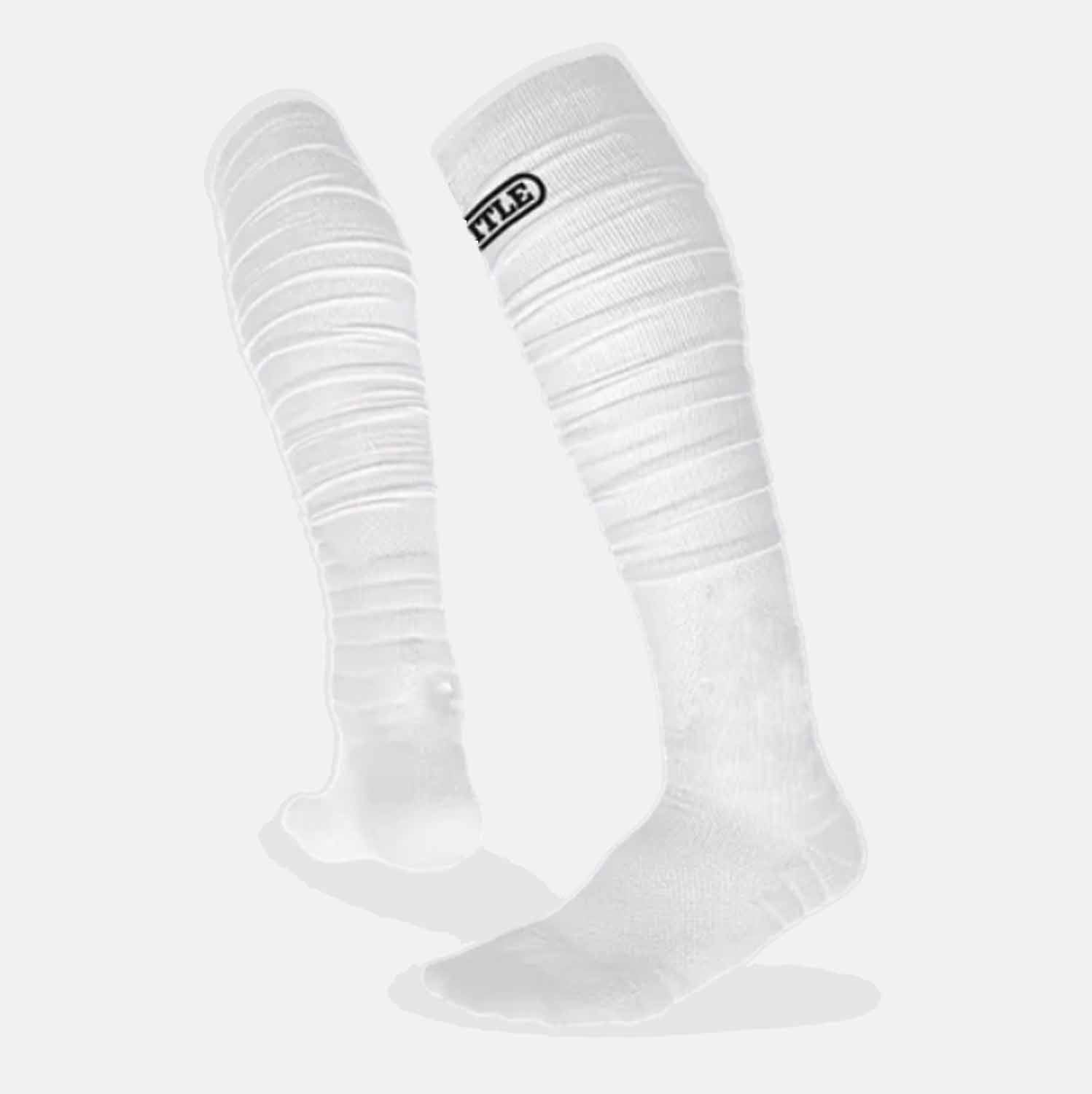 Side view of the Battle Adult White Long Football Socks.