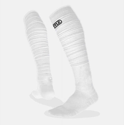 Side view of the Battle Adult White Long Football Socks.
