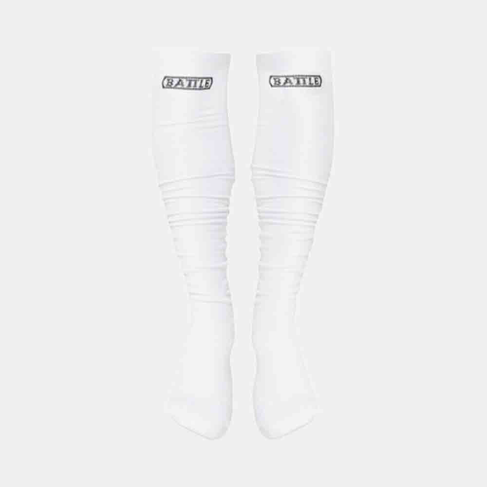 Front view of the Battle Youth White Long Football Socks.