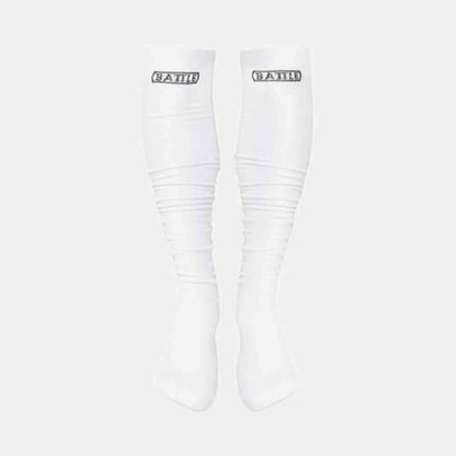Front view of the Battle Youth White Long Football Socks.