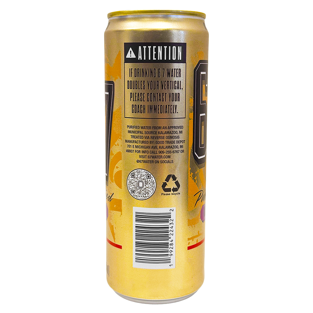 Back of 6 7 Water. Purified Water through reverse osmosis. Tall, Sleek can.