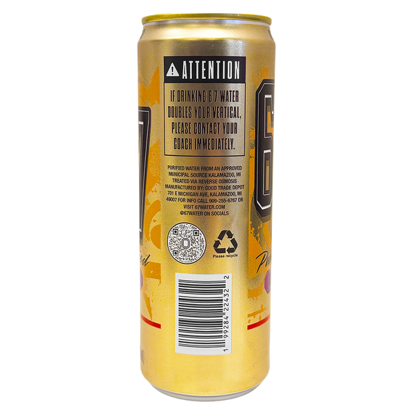 Back of 6 7 Water. Purified Water through reverse osmosis. Tall, Sleek can.