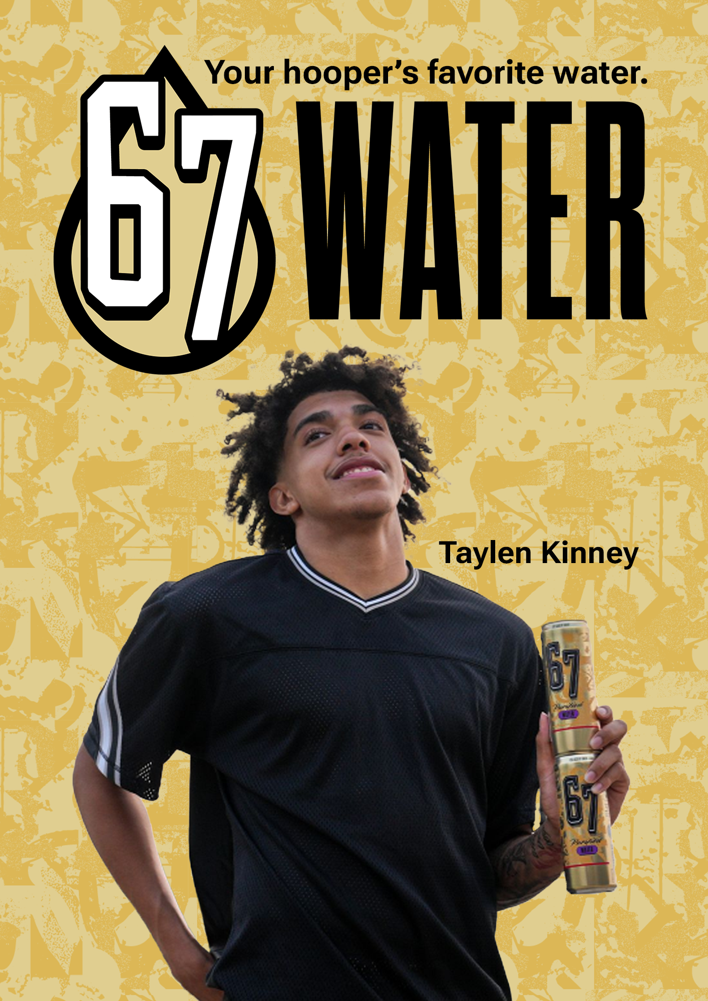 Picture of Taylen Kinney, a basketball player at OTE, holding cans of 6 7 water.