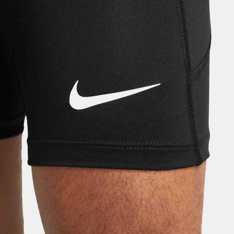 Up close view of emblem on the Men's Nike Dri-FIT Fitness Long Shorts.