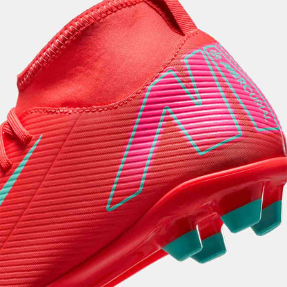 Up close, rear view of the Nike Kids' Mercurial Superfly 10 Club Soccer Cleats.