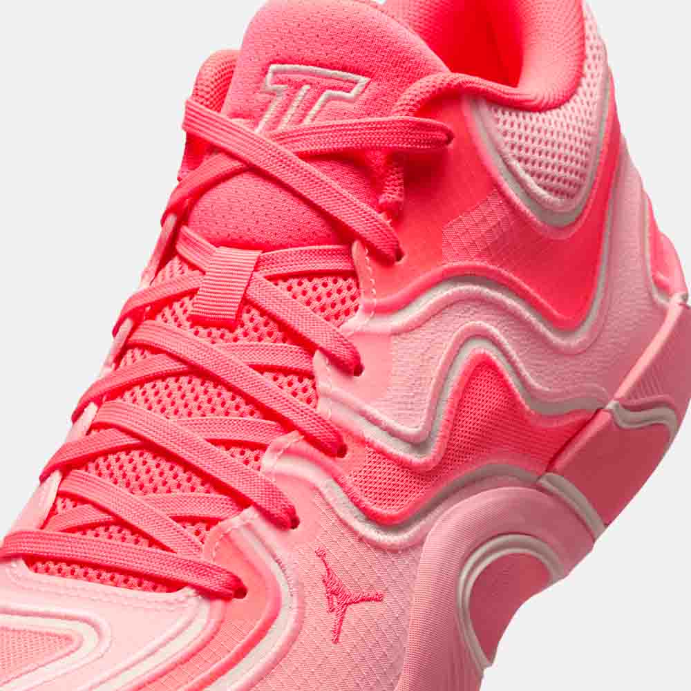 Up close, front view of the Jordan Tatum 3 "Pink".