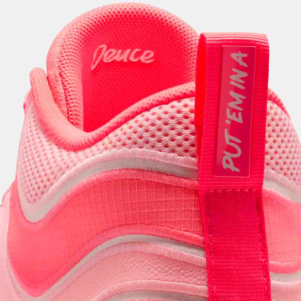 Up close, rear view of the Jordan Tatum 3 "Pink".