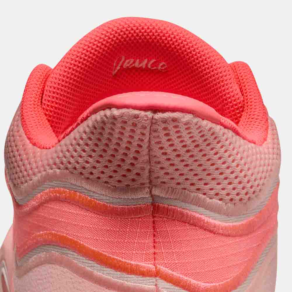 Up close, rear view of the Kids' Tatum 3 "Pink".