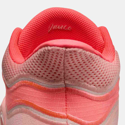 Up close, rear view of the Kids' Tatum 3 "Pink".