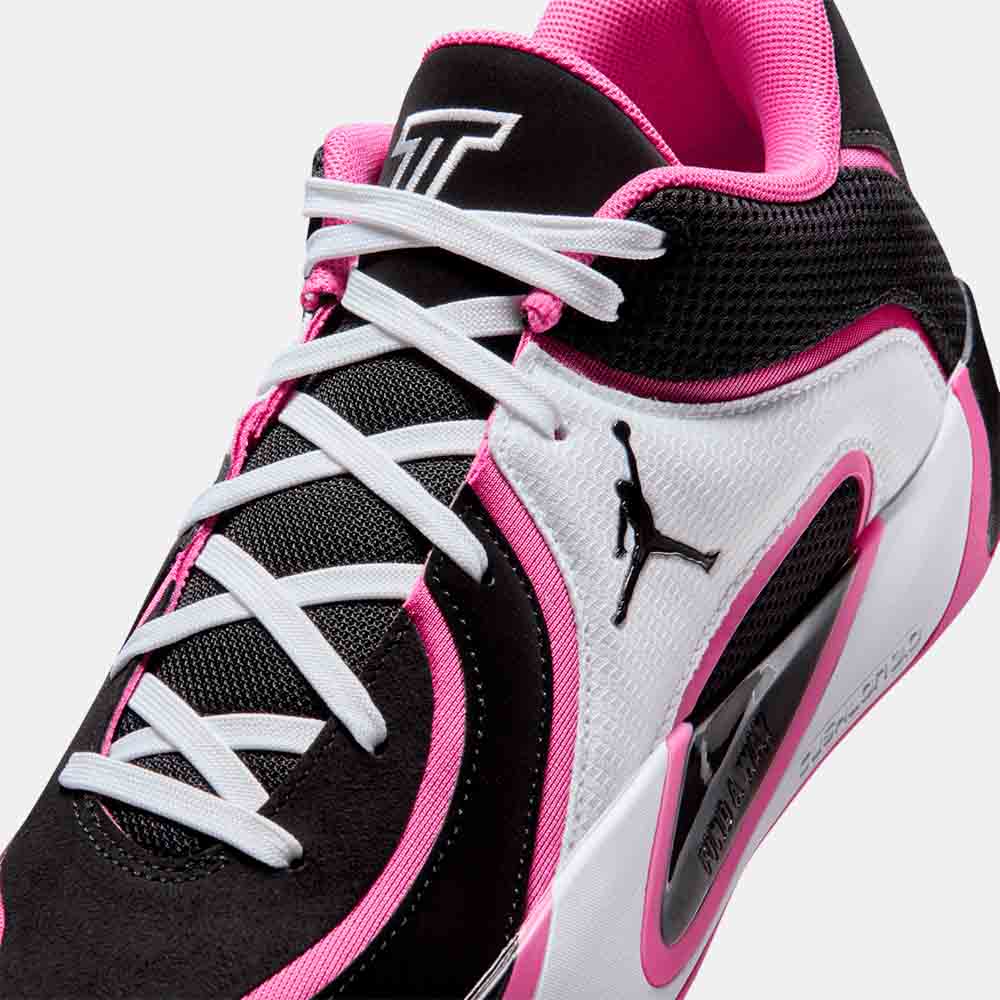 Up close, front view of the Jordan Tatum 4 "Black Pinksicle".