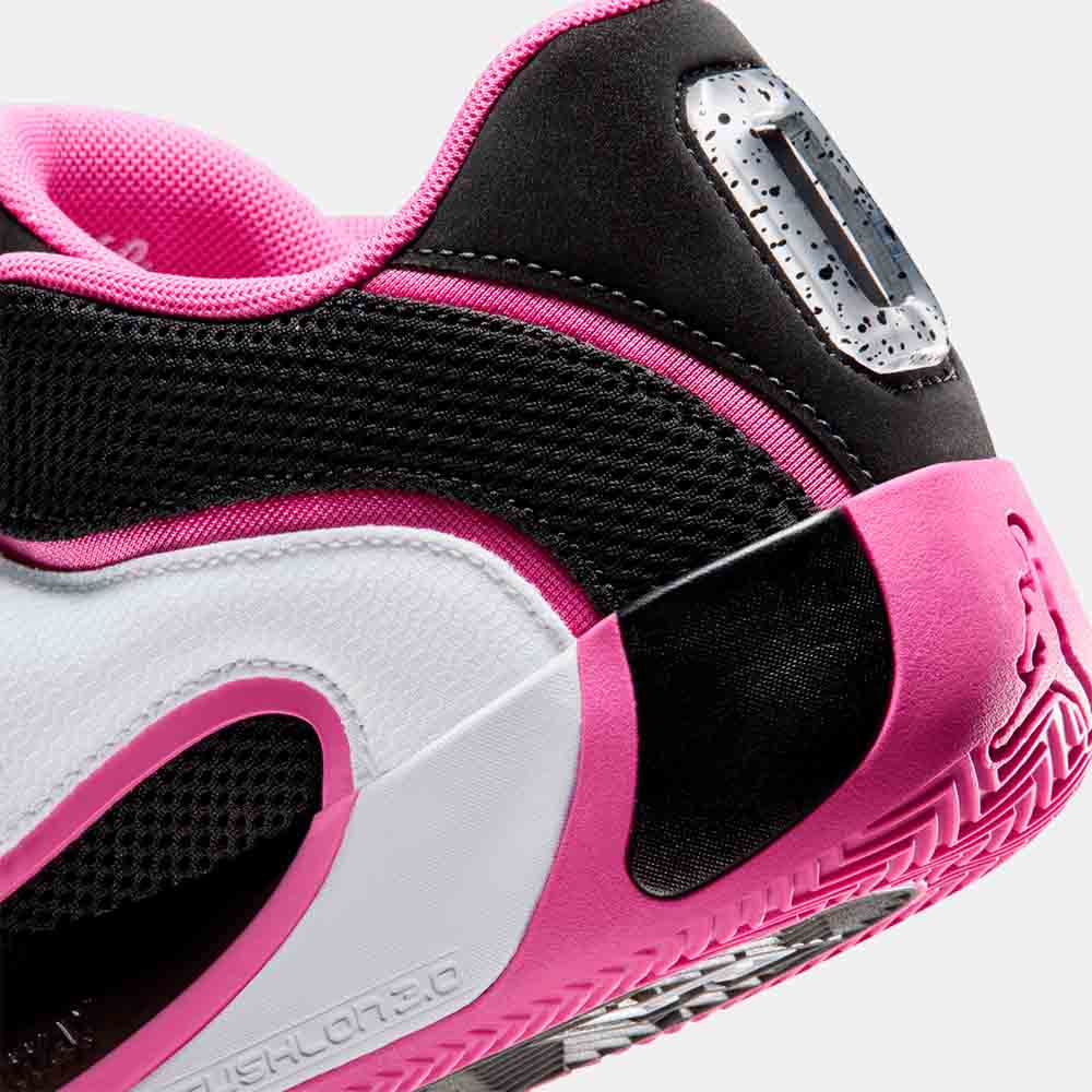 Up close, rear view of the Jordan Tatum 4 "Black Pinksicle".
