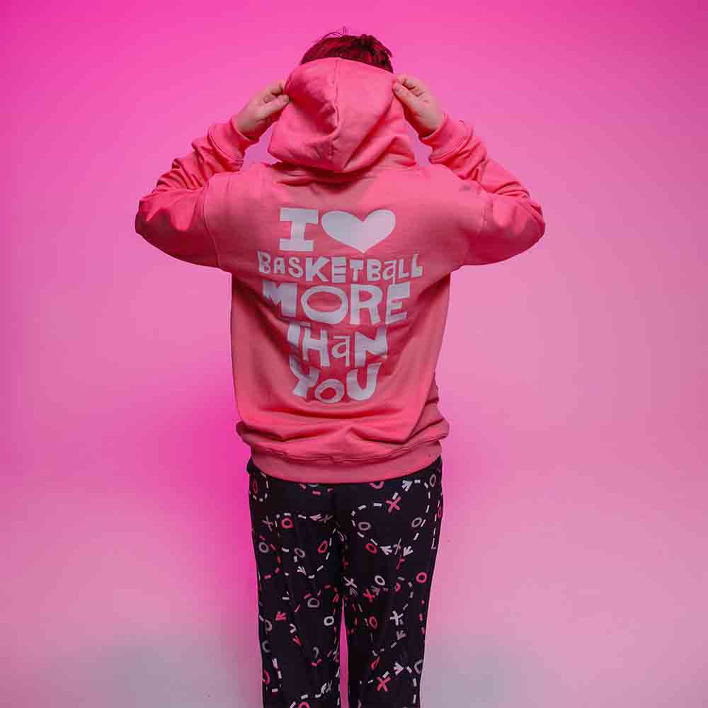Rear view of the Youth Overtime Heart Play Hoodie.