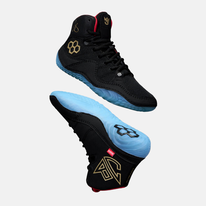 Side and side medial view of the Rudis JB1 Adult Wrestling SHoes, Blackbird.