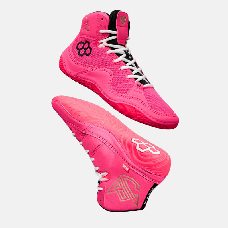Side and side medial view of the Rudis JB1 Adult Wrestling Shoes, Flamingo Pink.