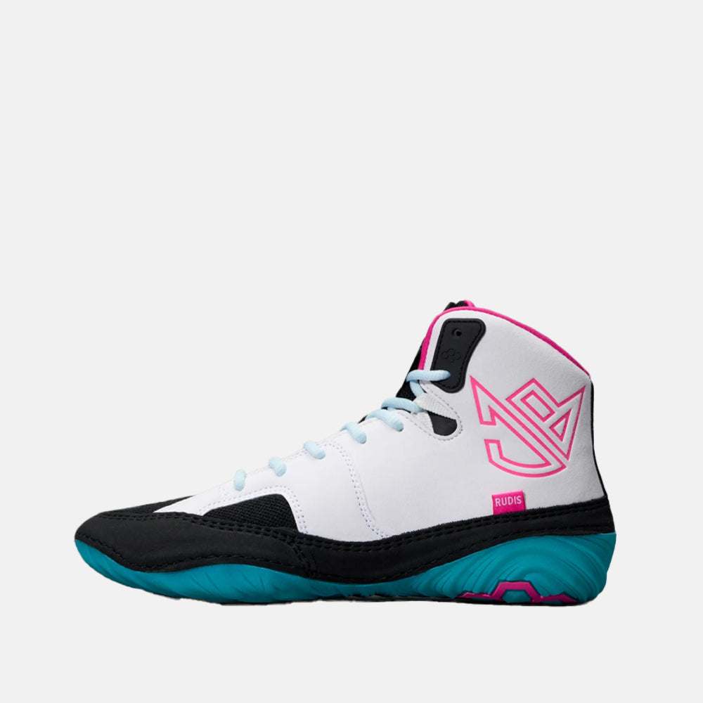 Side medial view of the Rudis JB1 Adult Wrestling Shoes, South Beach.