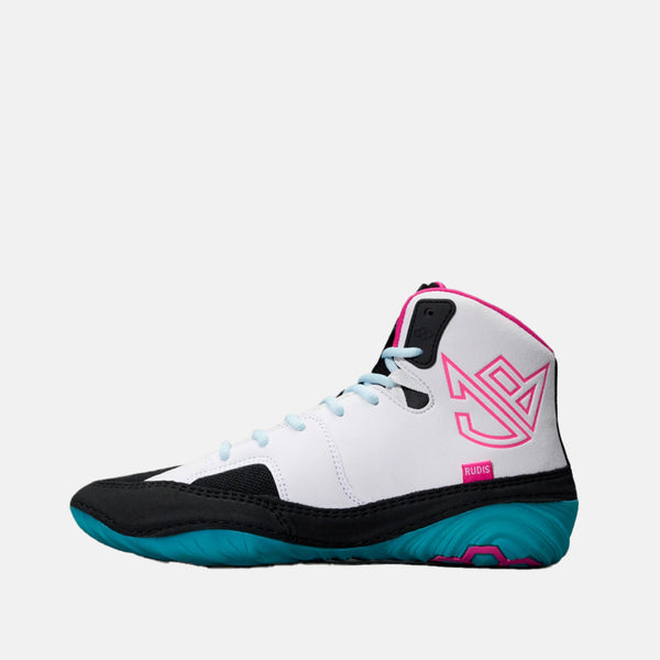 Side medial view of the Rudis JB1 Adult Wrestling Shoes, South Beach.