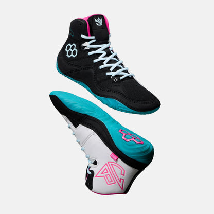 Side and side medial view of the Rudis JB1 Adult Wrestling Shoes, South Beach.