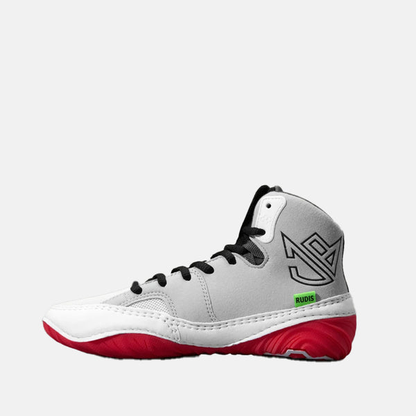 Side medial view of the Rudis JB1 Adult Wrestling Shoes, White Hot.