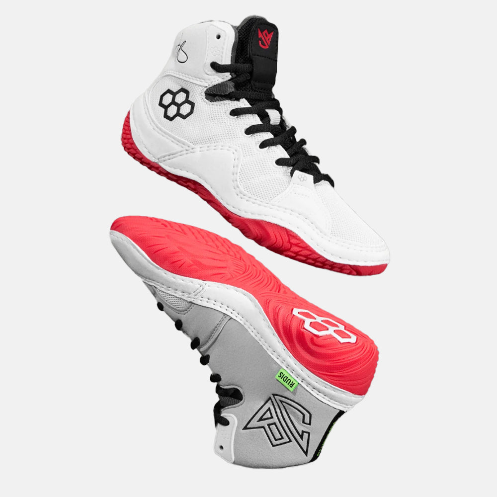 Side and side medial view of the Rudis JB1 Adult Wrestling Shoes, White Hot.