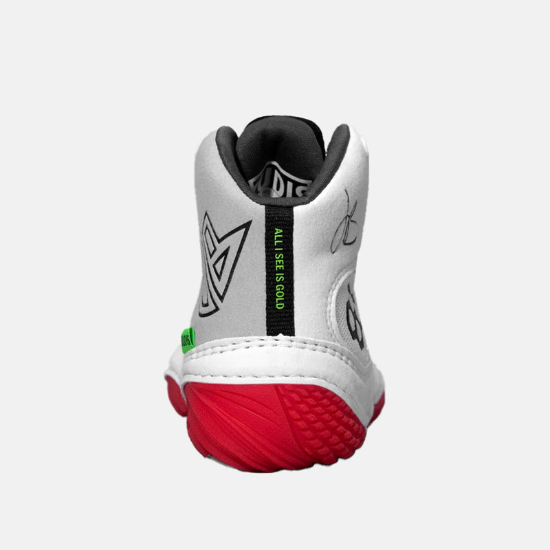 Rear view of the Rudis JB1 Adult Wrestling Shoes, White Hot.