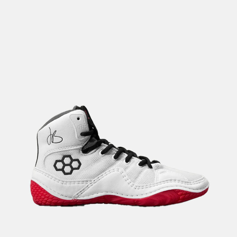 Side view of the Rudis JB1 Adult Wrestling Shoes, White Hot.