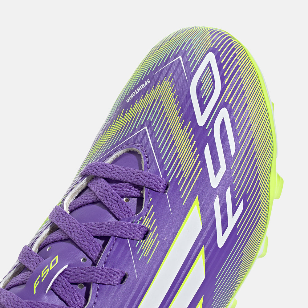 Up close, front view of the Kids' Adidas F50 Club FG/MG Soccer Cleats.