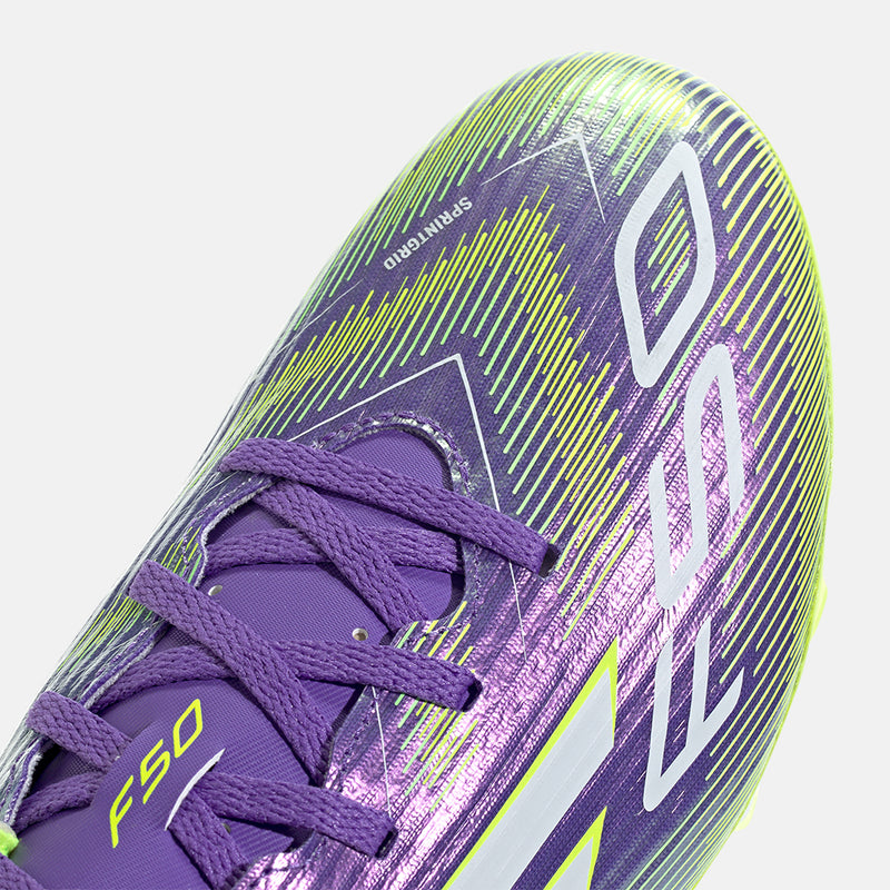 Up close, front view of the Adidas F50 Club FG/MG Soccer Cleats.