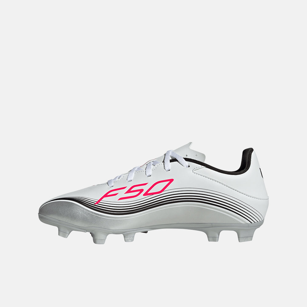 Side medial view of the Adidas F50 Messi Club FG/M Soccer Cleats.