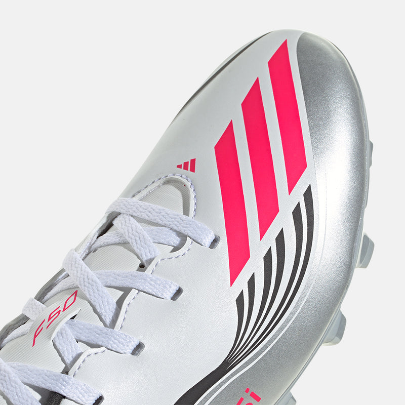 Up close, front view of the Adidas F50 Messi Club FG/M Soccer Cleats.