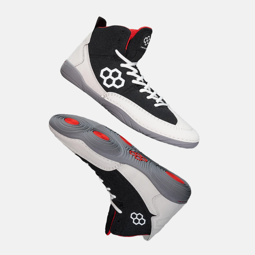 Side and side medial view of the Rudis Courage Adult Wrestling Shoes, Midnight Smoke.