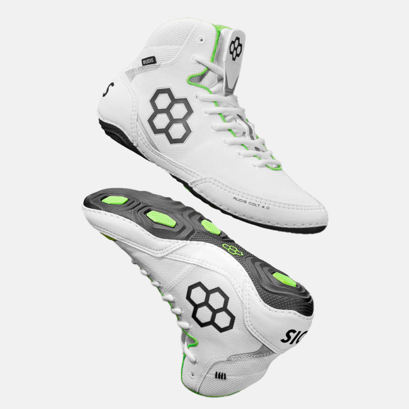 Both side and side medial view of the Rudis Colt 4.0 Adult Wrestling Shoes, Neon Edge.