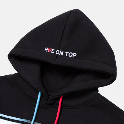 Up close, view of hood on the Overtime RWE On Top Hoodie.