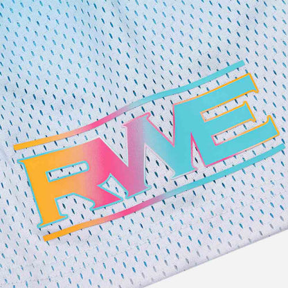 Up close view of logo on the Overtime Youth RWE Mesh Shorts.